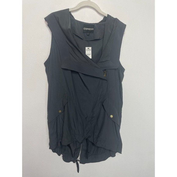 Express Sz S Asymmetrical Zip Up Hooded Vest Petite Gray Oversized Lagenlook NWT - Picture 1 of 15